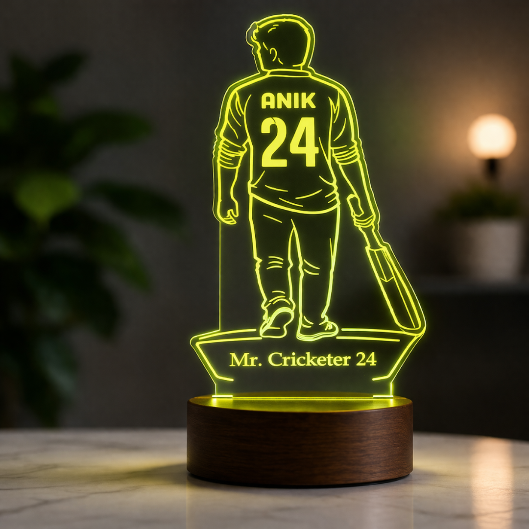 Personalised Cricketer LED Acrylic Lamp with Name & Age