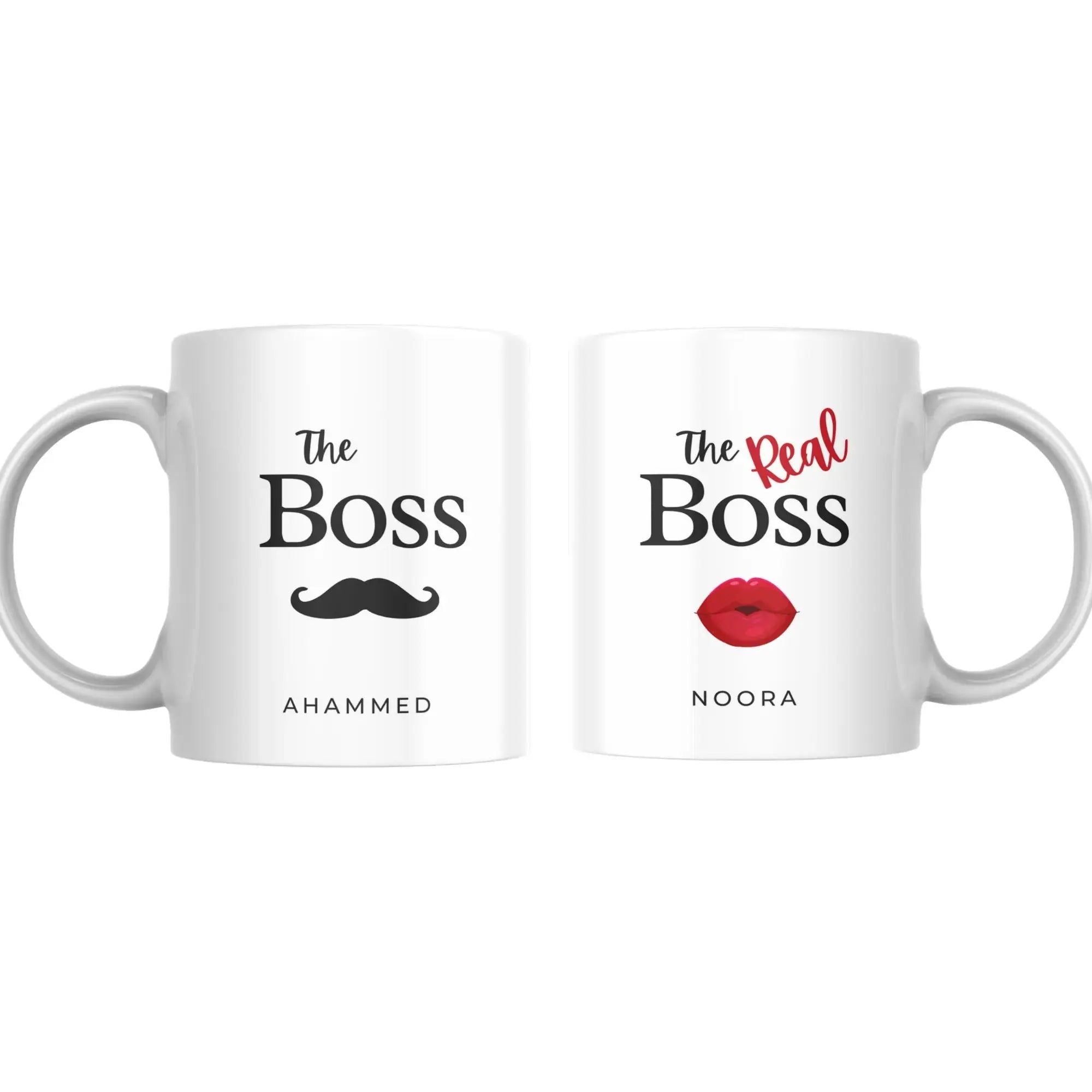 Two white mugs with personalized text and graphics on a white background