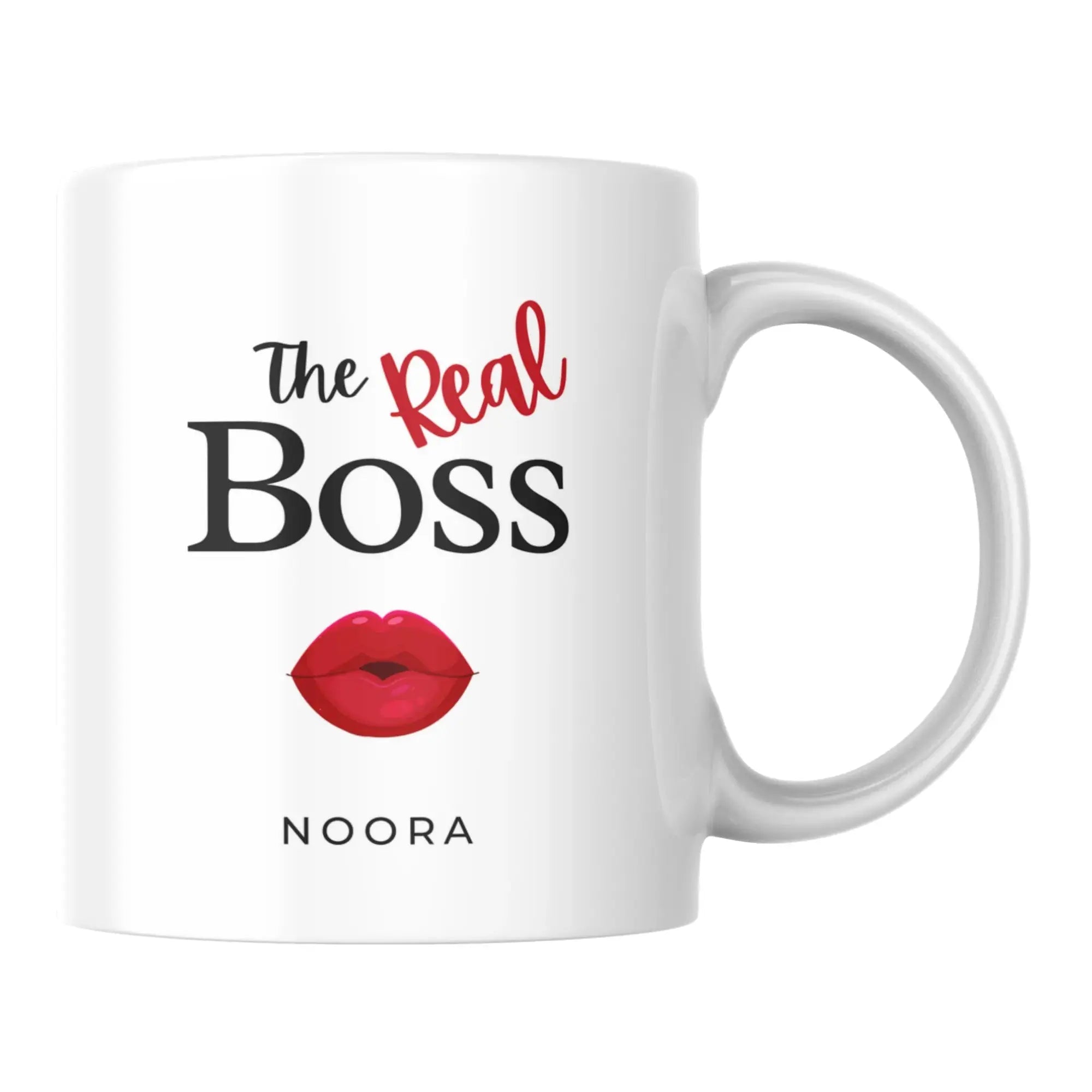 White mug with 'The Real Boss' text and red lips design on a white background