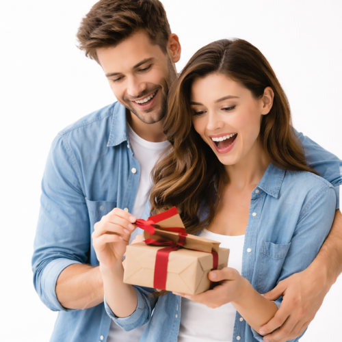 Girlfriend_opening_a_gift_while_boyfriend_hugs_her_from_behind_on_white_background_romantic_gifts_in_Dubai