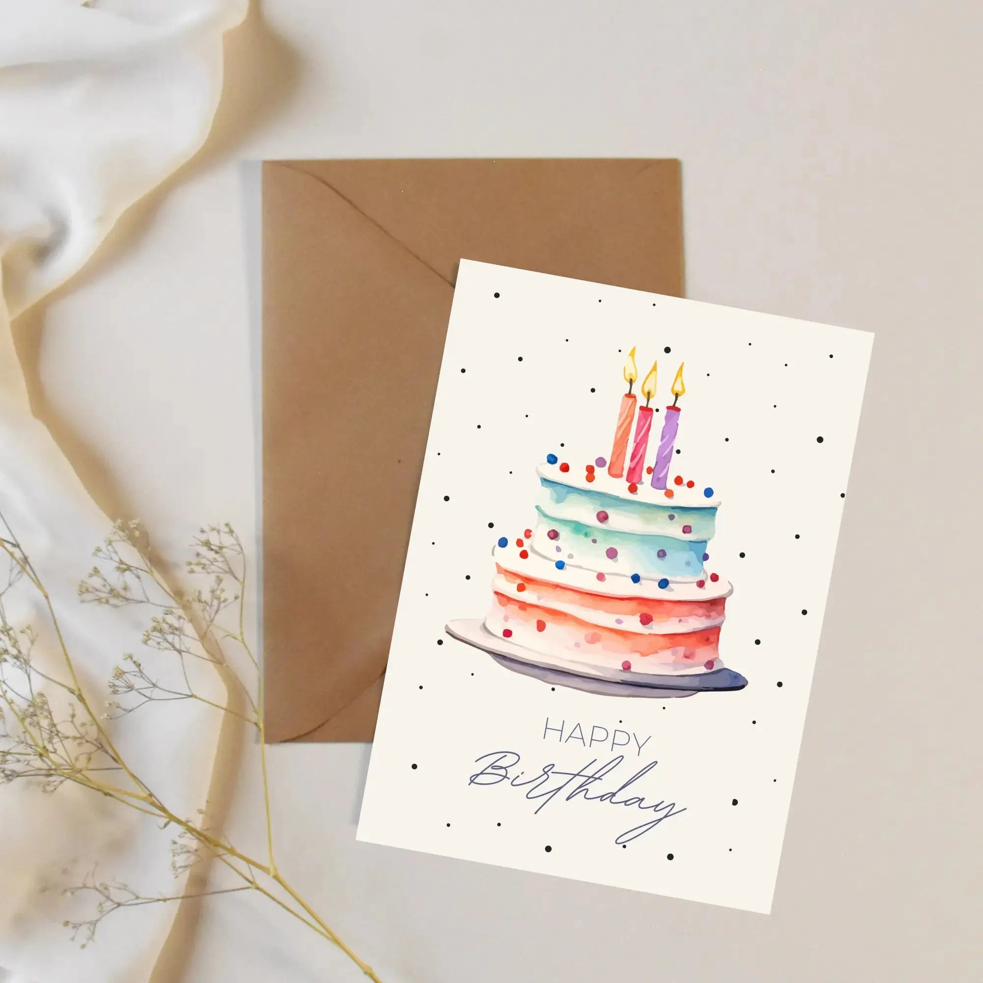 Happy Birthday Watercolor Cake Greeting Card Magicgift.ae