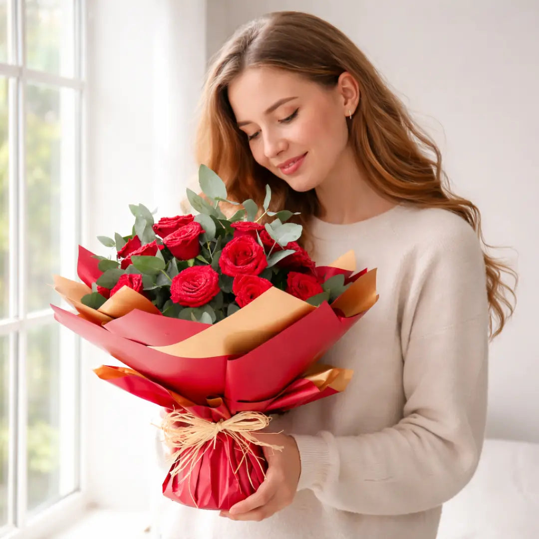 HappywomanreceivingredrosesbouquetforbirthdayoranniversaryinDubai