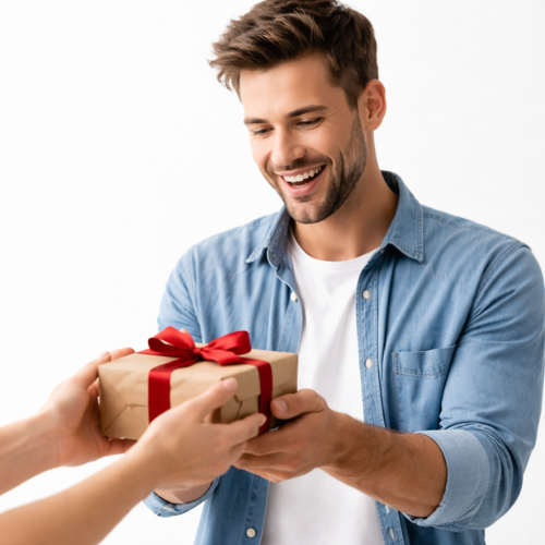 Man_receiving_a_gift_box_with_red_ribbon_on_white_background_gifts_for_him_in_Dubai