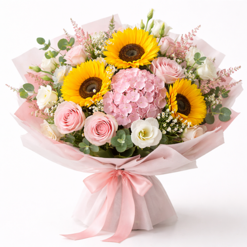 Pink_rose_hydrangea_and_sunflower_bouquet_wrapped_in_pastel_paper_on_white_background_same_day_flower_delivery_in_Dubai