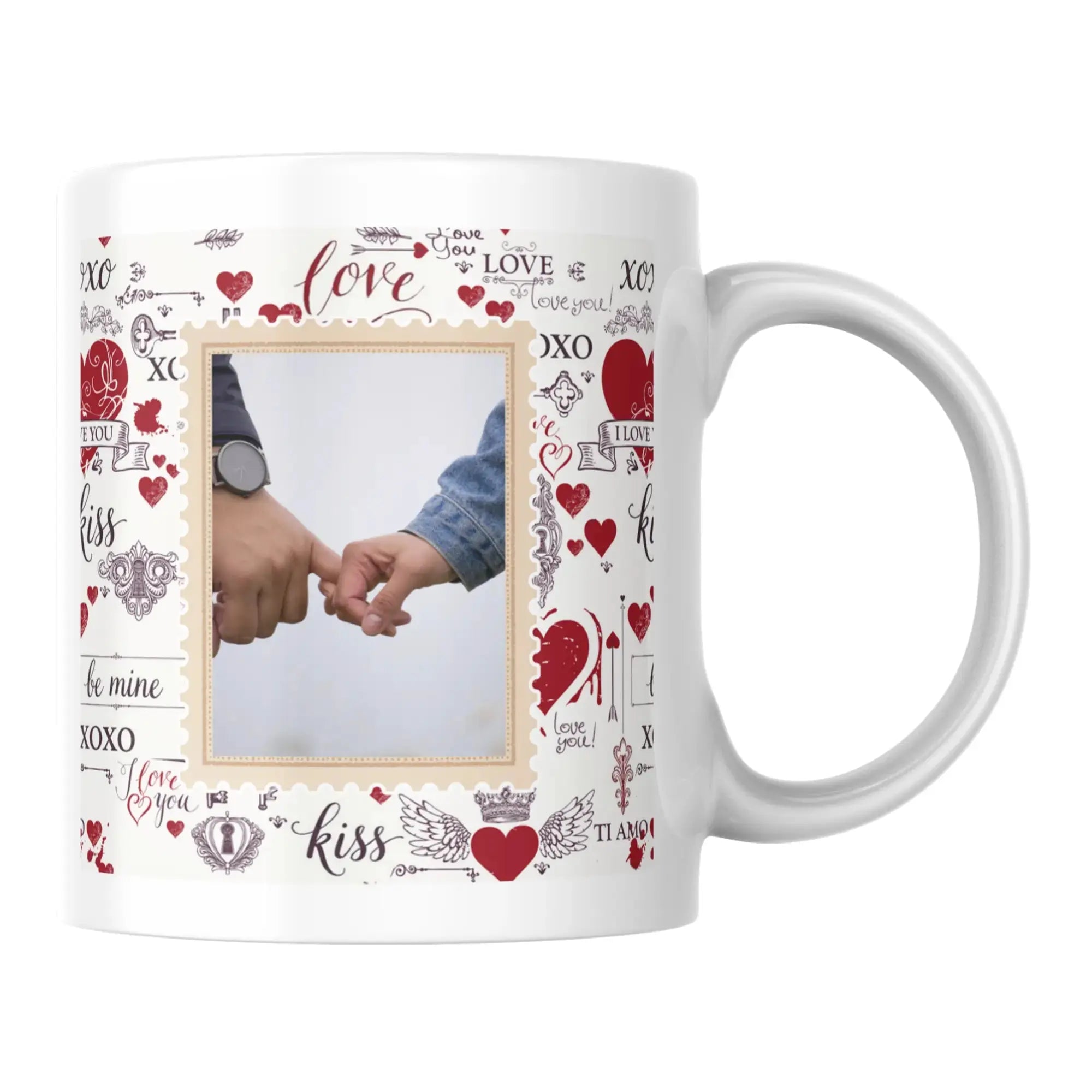 White mug with heart and love-themed design featuring a photo frame in the center.