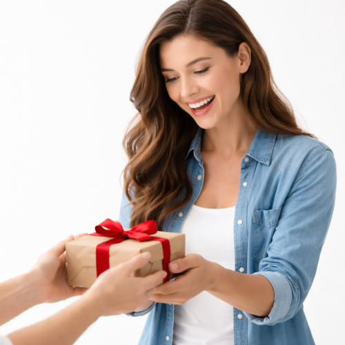 Woman_receiving_a_gift_box_with_red_ribbon_on_white_background_gifts_for_her_in_Dubai