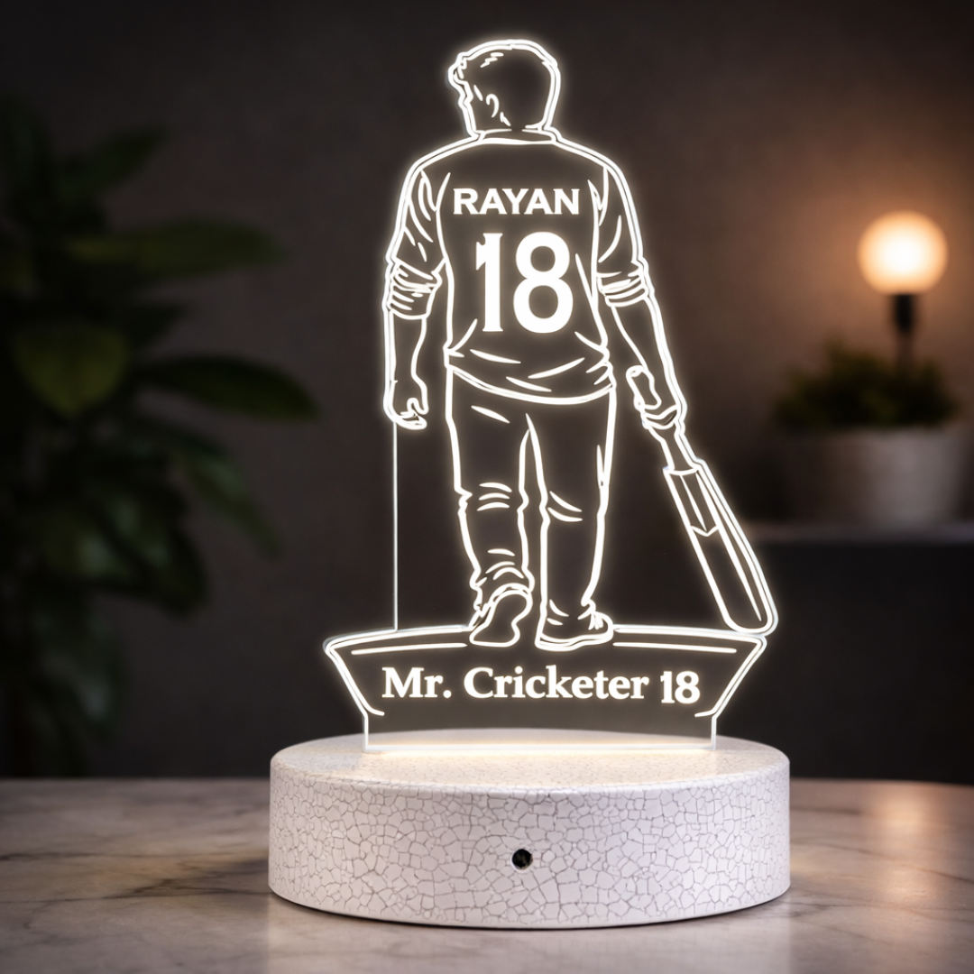 Personalised Cricketer LED Acrylic Lamp with Name & Age